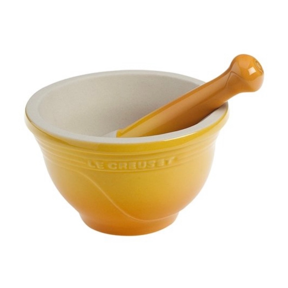 Le Creuset - Mortar & Pestle. 4.5”X3 about 1.25 lbs Dijon in color preloved GC